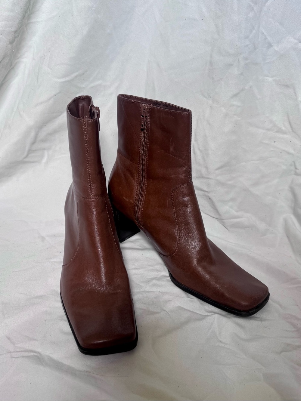 Brown Leather Square-Toe Ankle Boots
